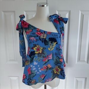 Zara Blue Asymmetrical Sleeveless Floral One Shoulder Tank Tie Top Blouse Size S